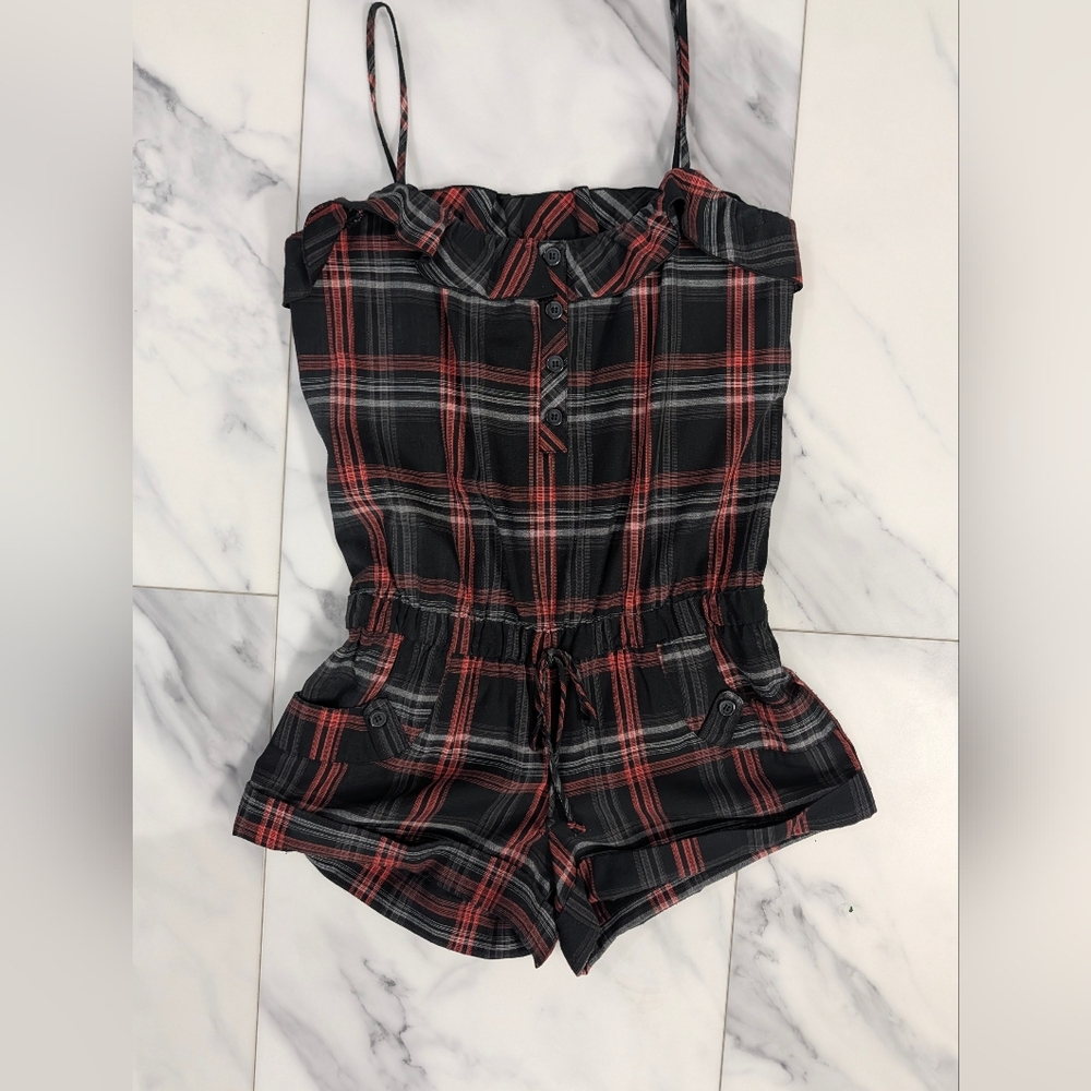 As U Wish Black and Red Plaid Romper